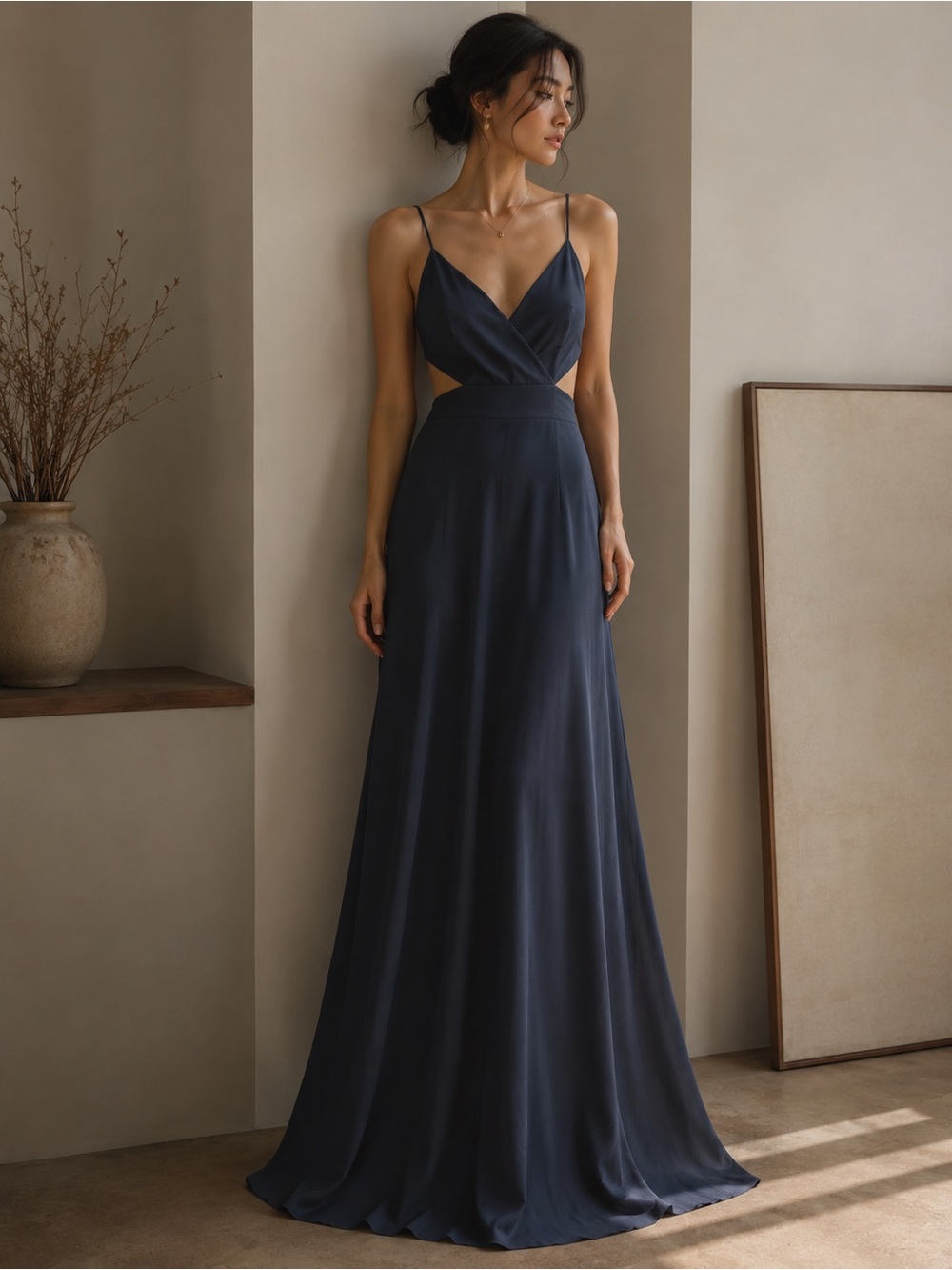 Autumn Wedding Guest Maxi Dress Amsale Size 2 Navy Cutout Formal Gown